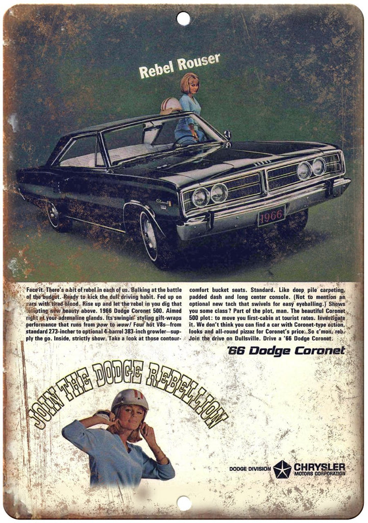 1966 Dodge Coronet Rebellion Vintage Car Ad Metal Sign