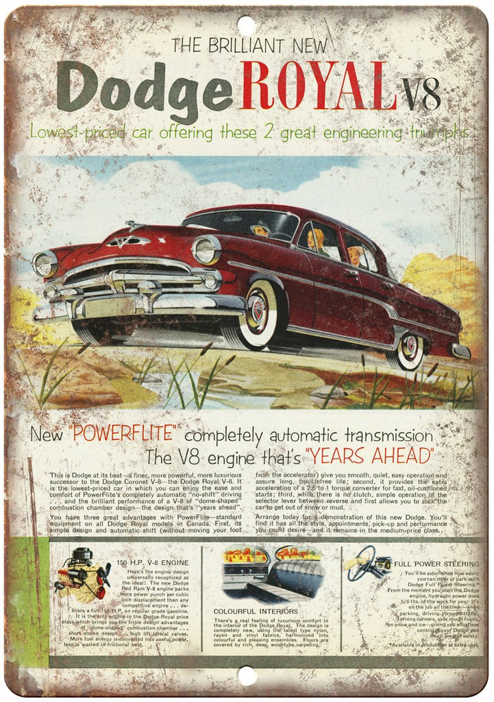 1950s Dodge Royal V8 Auto Car Ad Metal Sign
