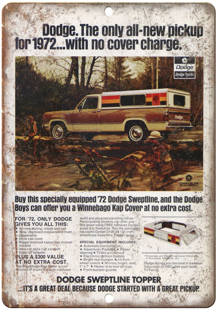 1972 Dodge Pickup Sweeptline Topper Ad Metal Sign