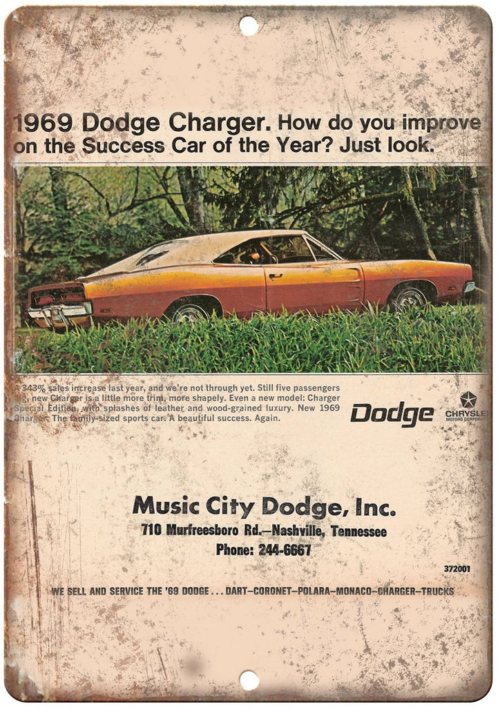 1969 Music City Dodge Charger Ad Metal Sign