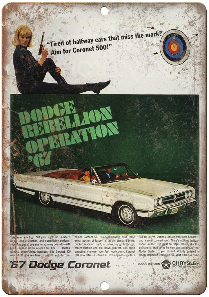 1967 Dodge Coronet 500 Rebellion Vintage Ad Metal Sign