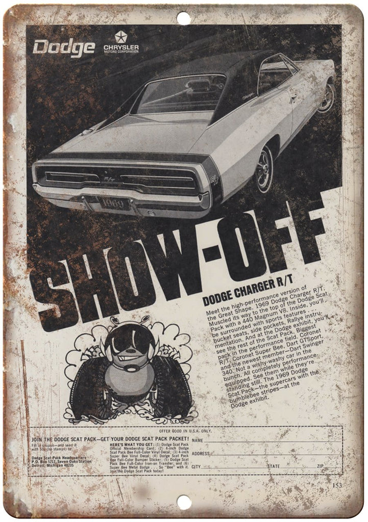 1969 Dodge Charger R/T Show Off Ad Metal Sign