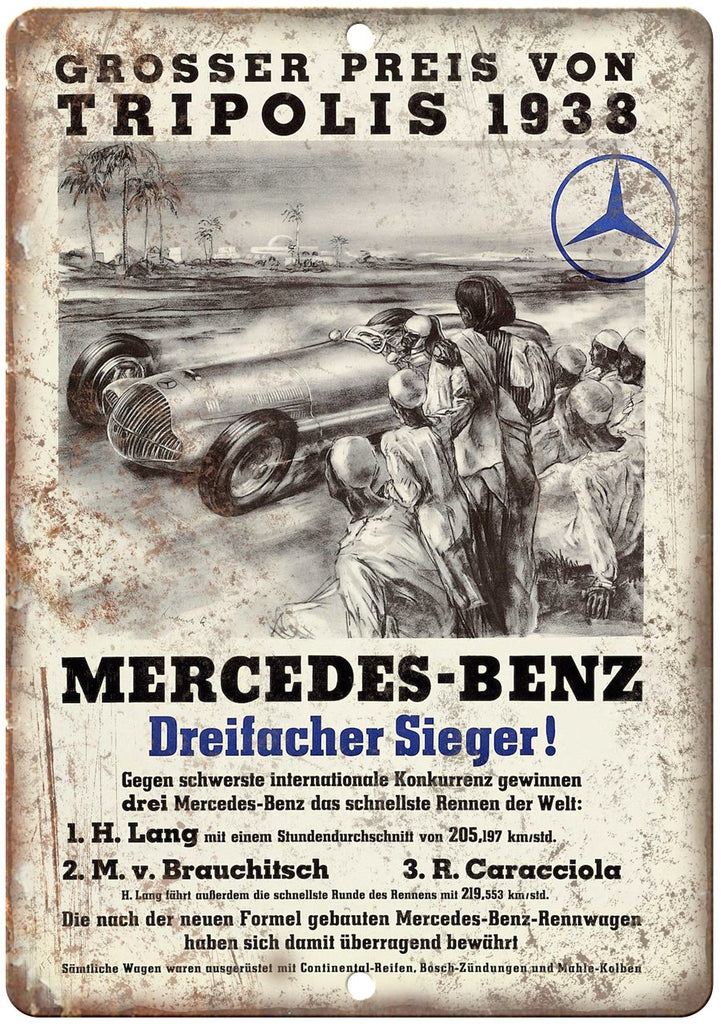 1938 Tripolis Mercedes Benz Auto Race German Metal Sign