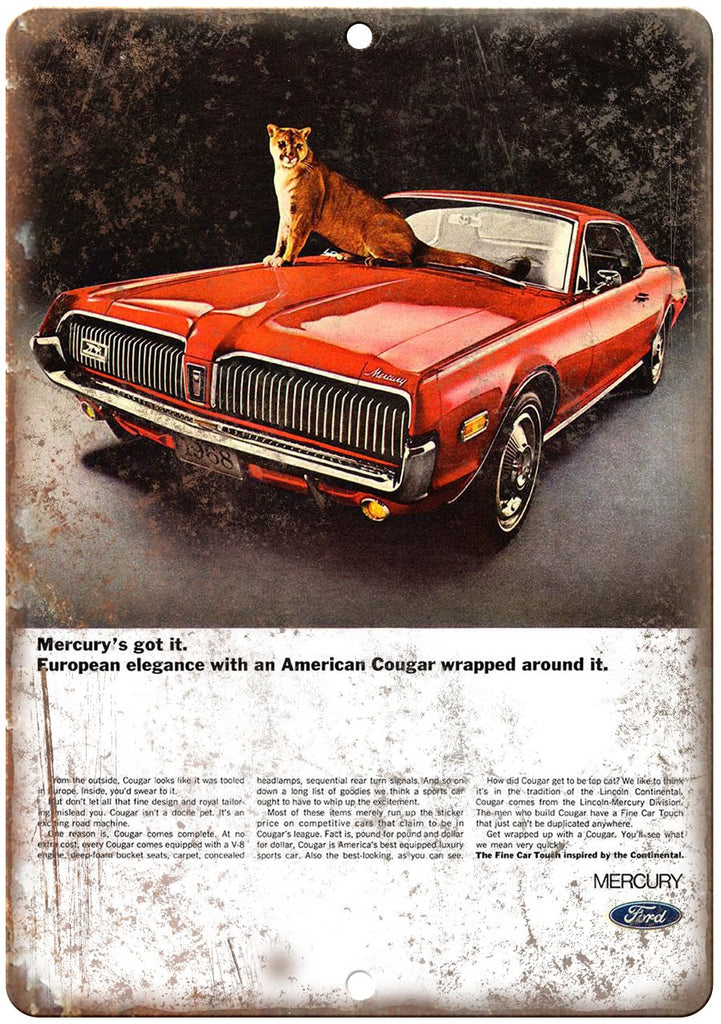 Mercury Ford Cougar Vintage Automobile Ad Metal Sign
