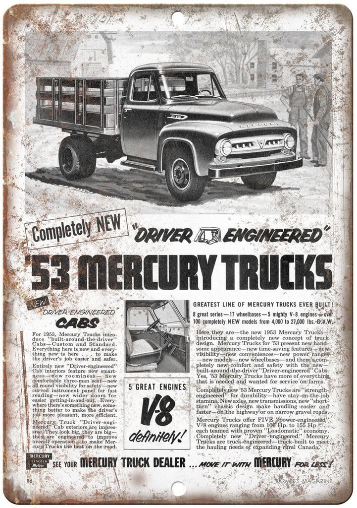 1953 Mercury Trucks V-8 Automobile Ad Metal Sign