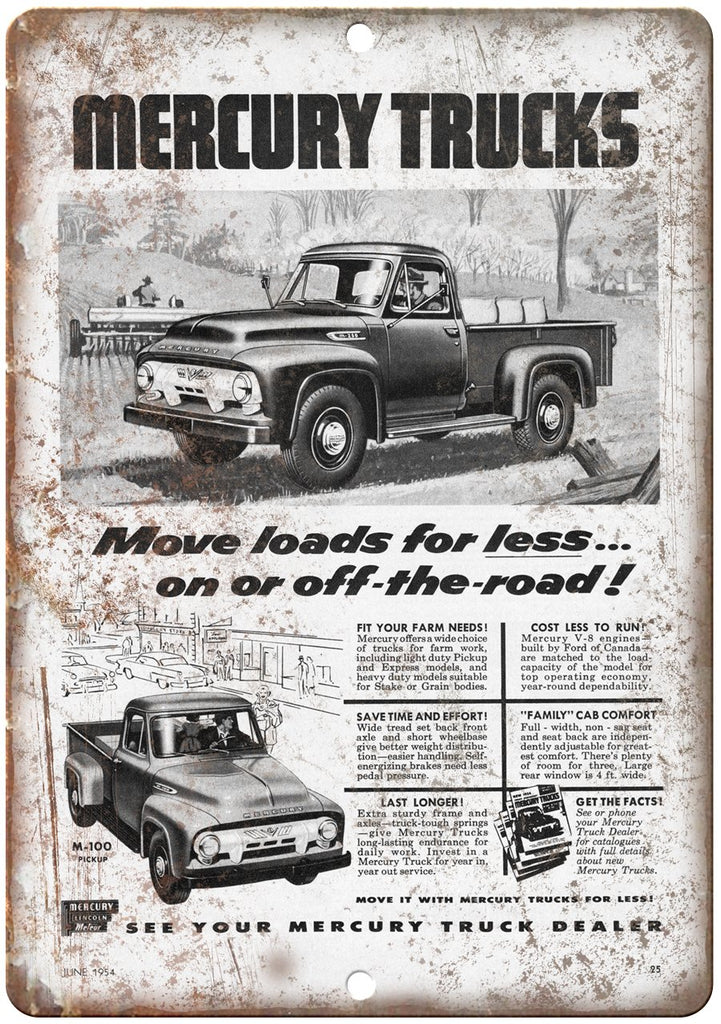 Mercury Trucks M-100 Automobile Ad Metal Sign