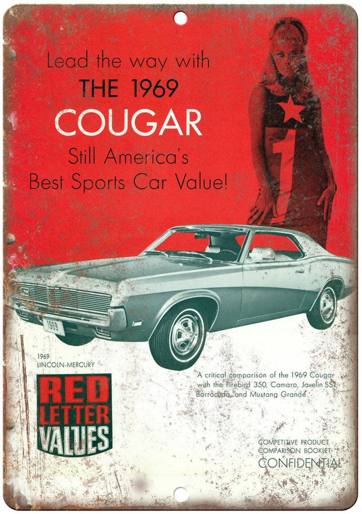 1969 Mercury Cougar Sports Car Retro Auto Ad Metal Sign