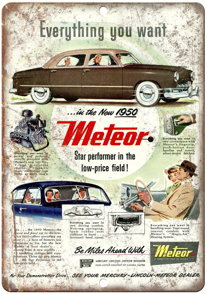 1950 Mercury Meteor Automobile Vintage Ad Metal Sign