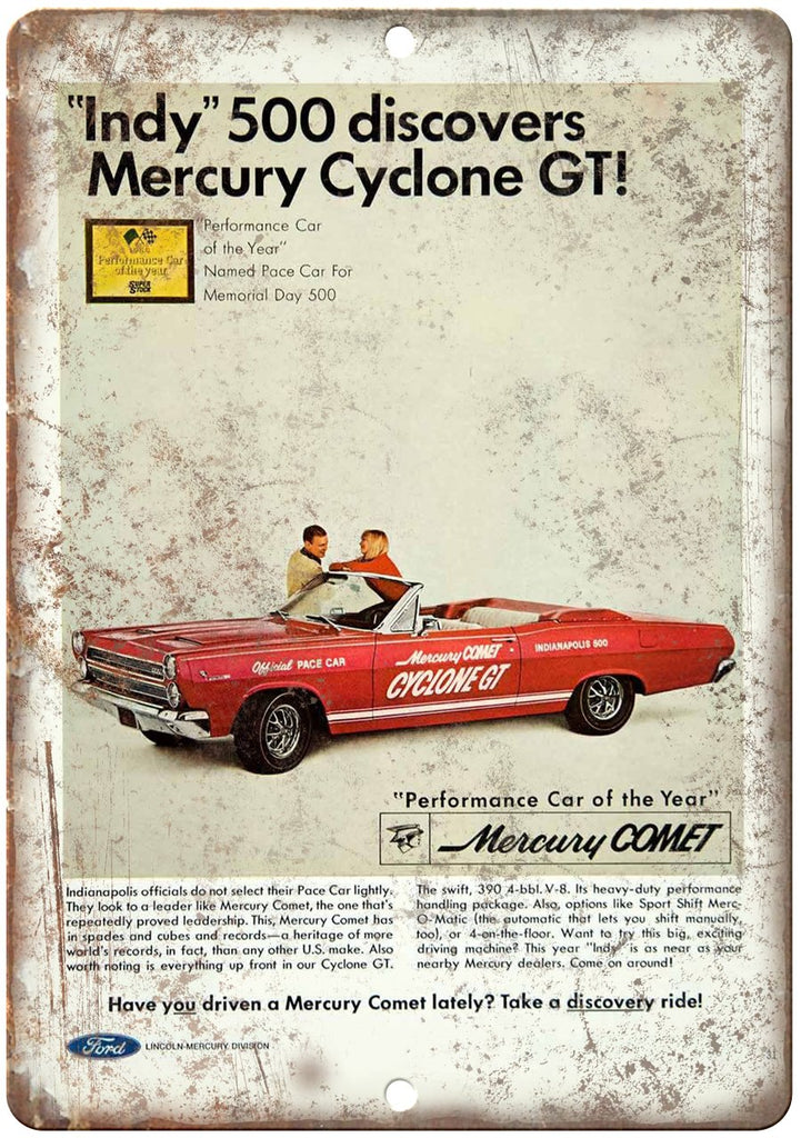 Mercury Comet Cyclone GT Indy 500 Auto Ad Metal Sign