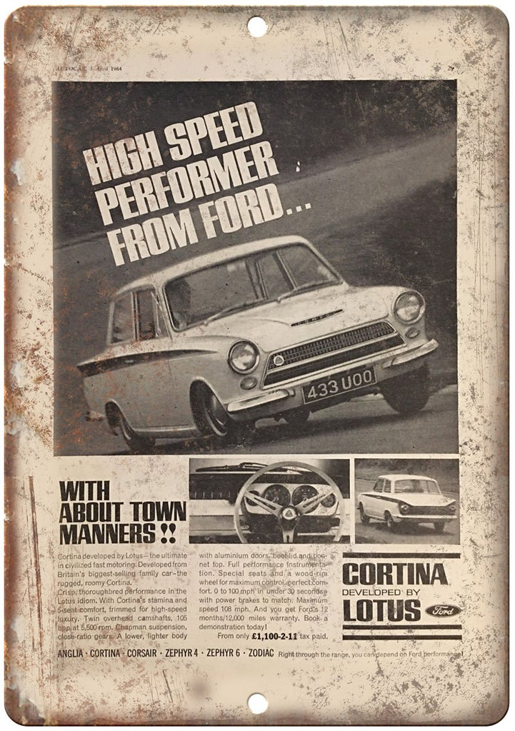 Ford Cortina by Lotus Britan Vintage Ad Metal Sign