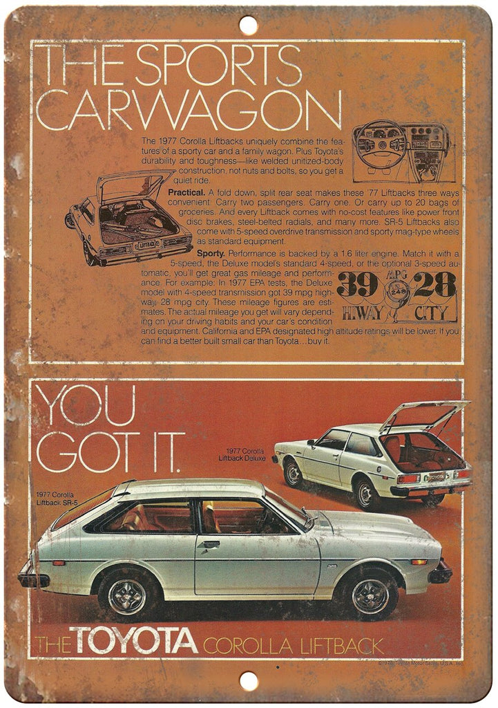 Toyota Corolla Liftback Vintage Ad Metal Sign