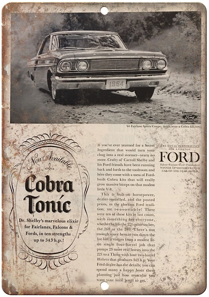 Ford Cobra Tonic Shelby 1964 Fairlane Ad Metal Sign