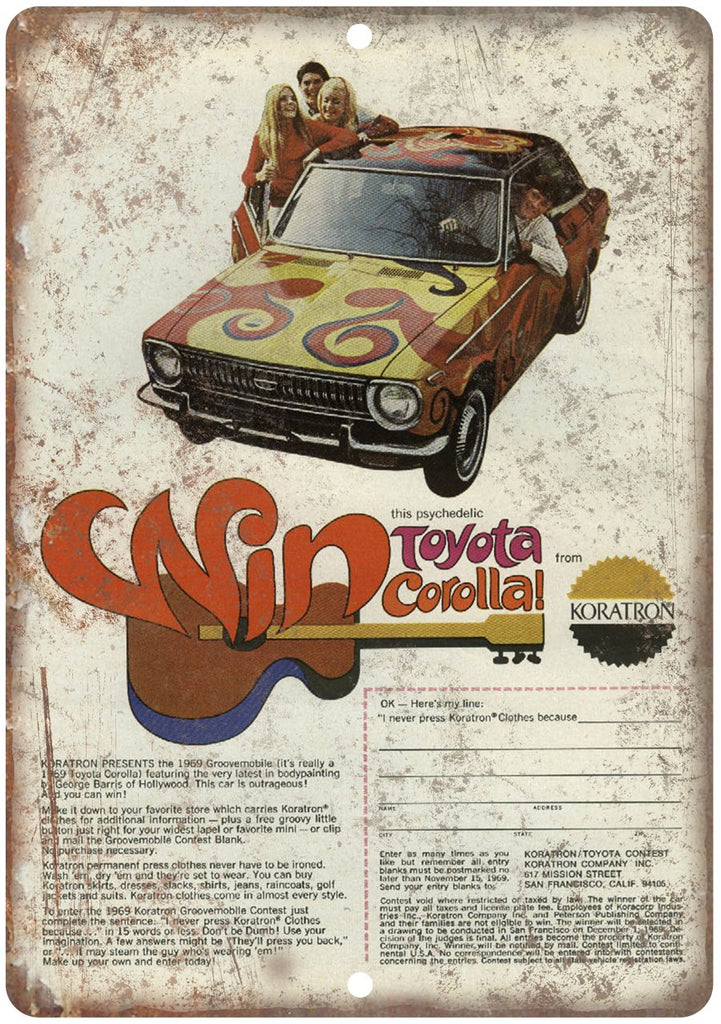 1969 Toyota Corolla Vintage Ad Metal Sign