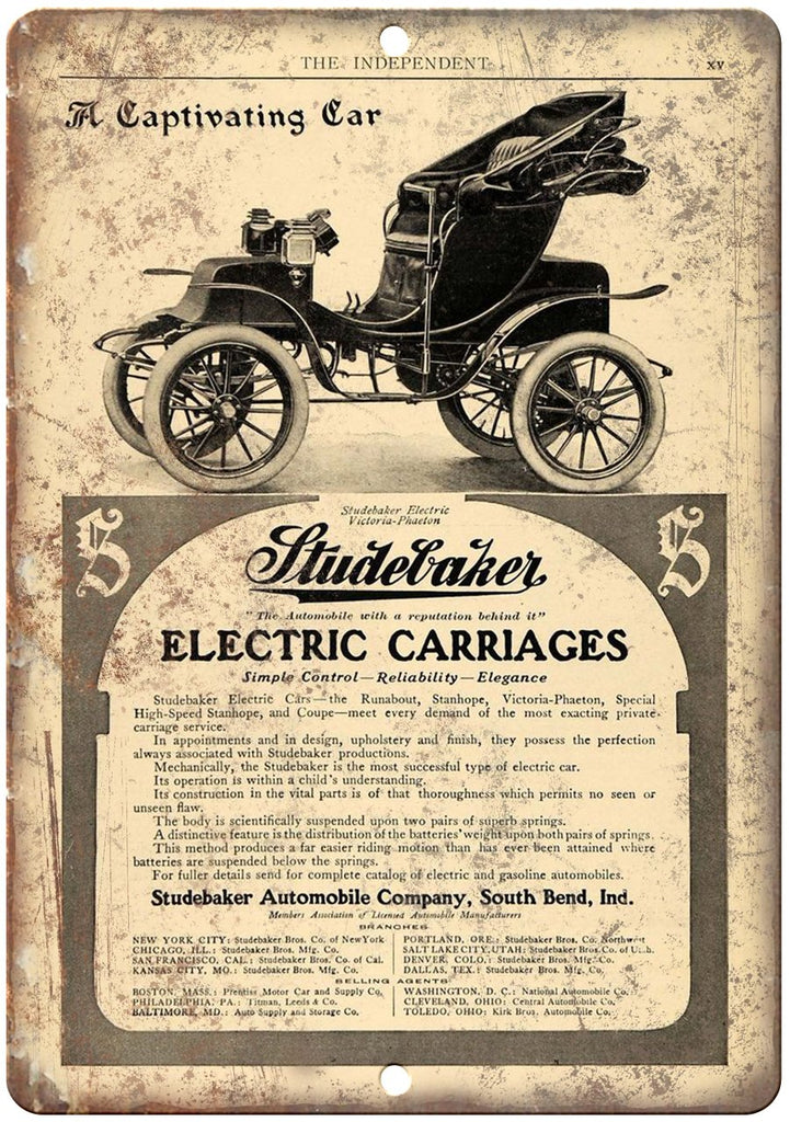 Studebaker Electric Carriages Auto Ad Metal Sign