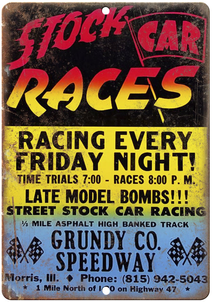 Stock Car Races grundy Speedway Vintage Ad Metal Sign