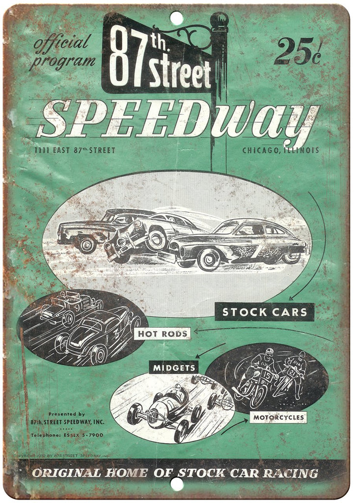 87th Street Speedway Chicato Stock Car Ad Metal Sign