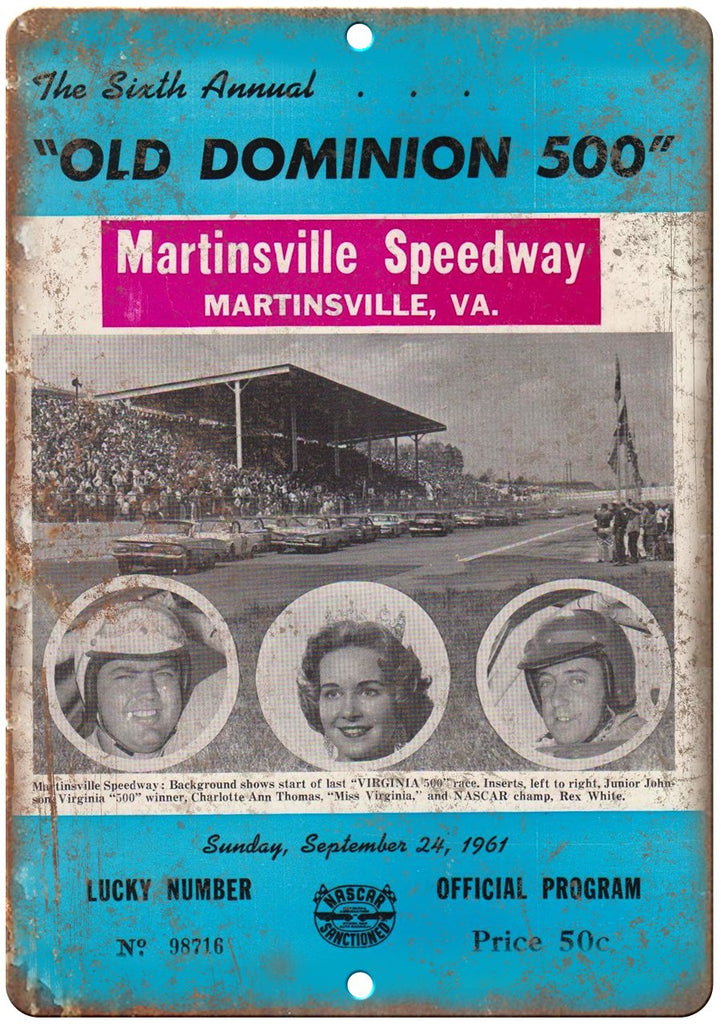 1961 Old Dominion 500 Martinsville Speedway Metal Sign