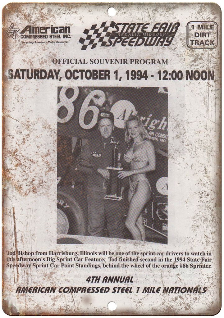 1994 State Fair Speedway Compressed Steel Metal Sign