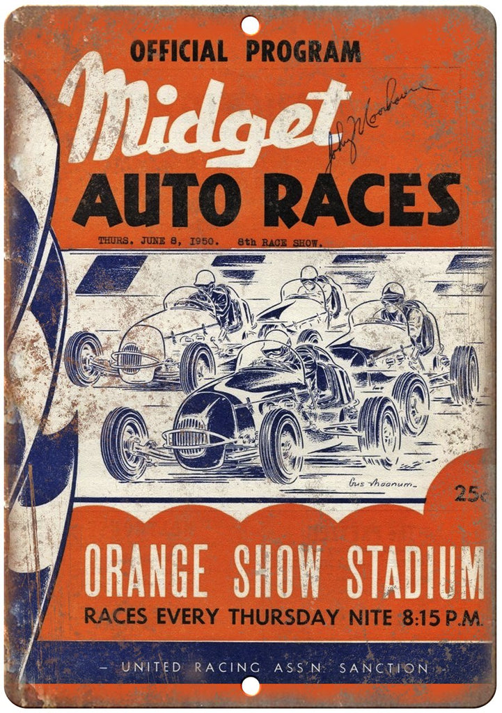 1950 Midget Auto Races Orange Show Stadium Metal Sign