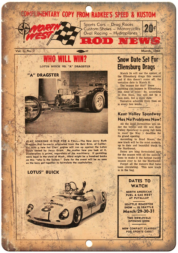 North West Hot Rod News Dragster Metal Sign