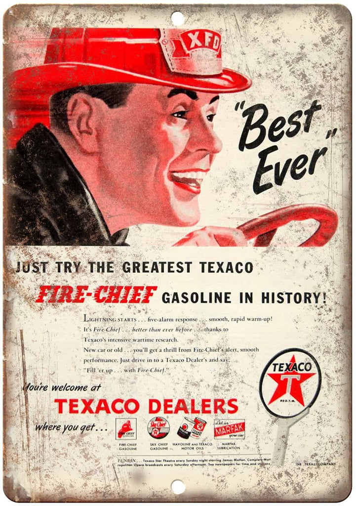 Texaco Dealer Fire Chief Gasoline Metal Sign