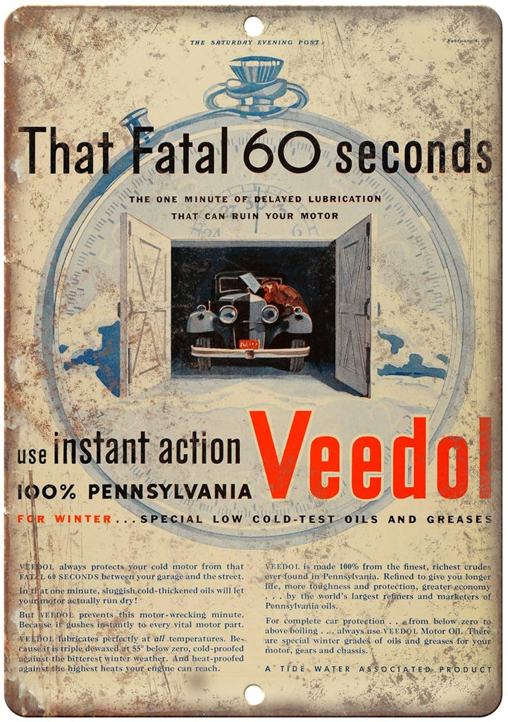 Veedol Fatal 60 Seconds Motor Oil Metal Sign