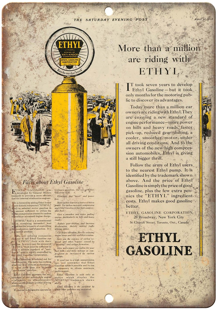 Ethyl Gasoline Vintage Ad Metal Sign