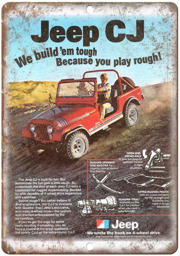 Jeep CJ 4-Wheel Drive Vintage Ad Metal Sign