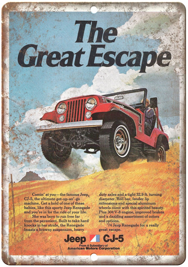 The Great Escape Jeep CJ-5 Vintage Ad Metal Sign