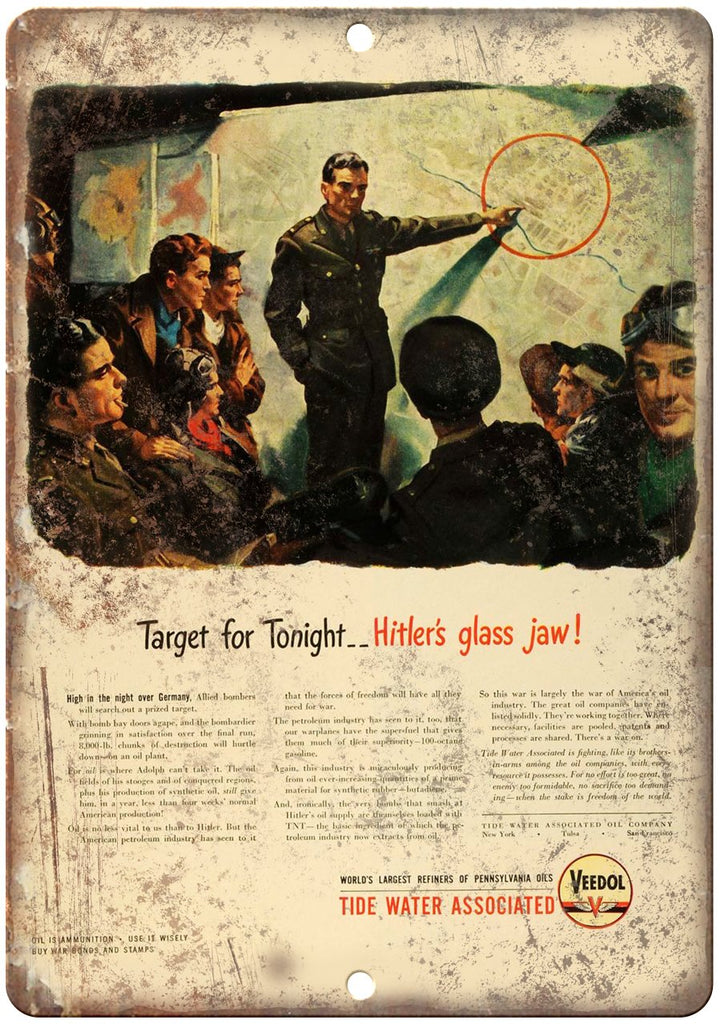 Veedol Hitler's Glass Jaw Motor Oil Metal Sign