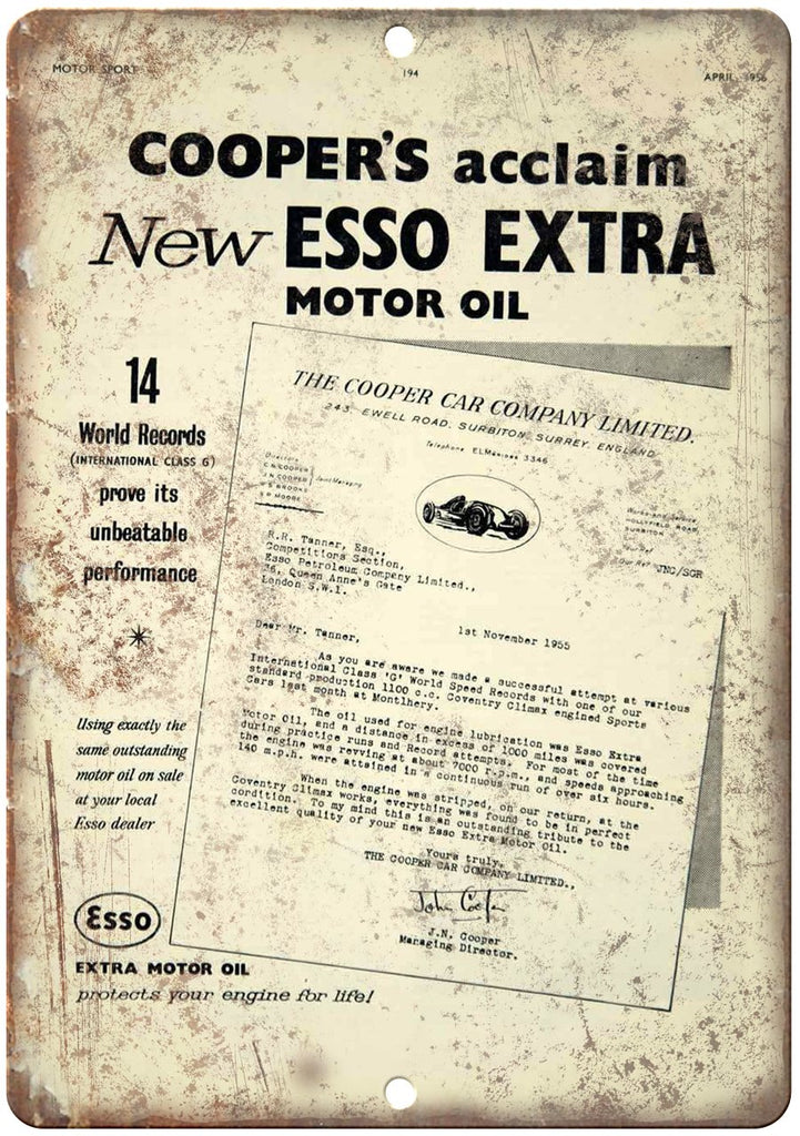 Esso Extra Cooper Motor Oil Metal Sign