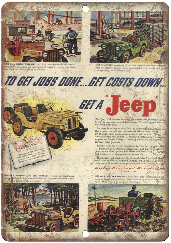 Jeep Willys Overland Auto Moror Ad Metal Sign
