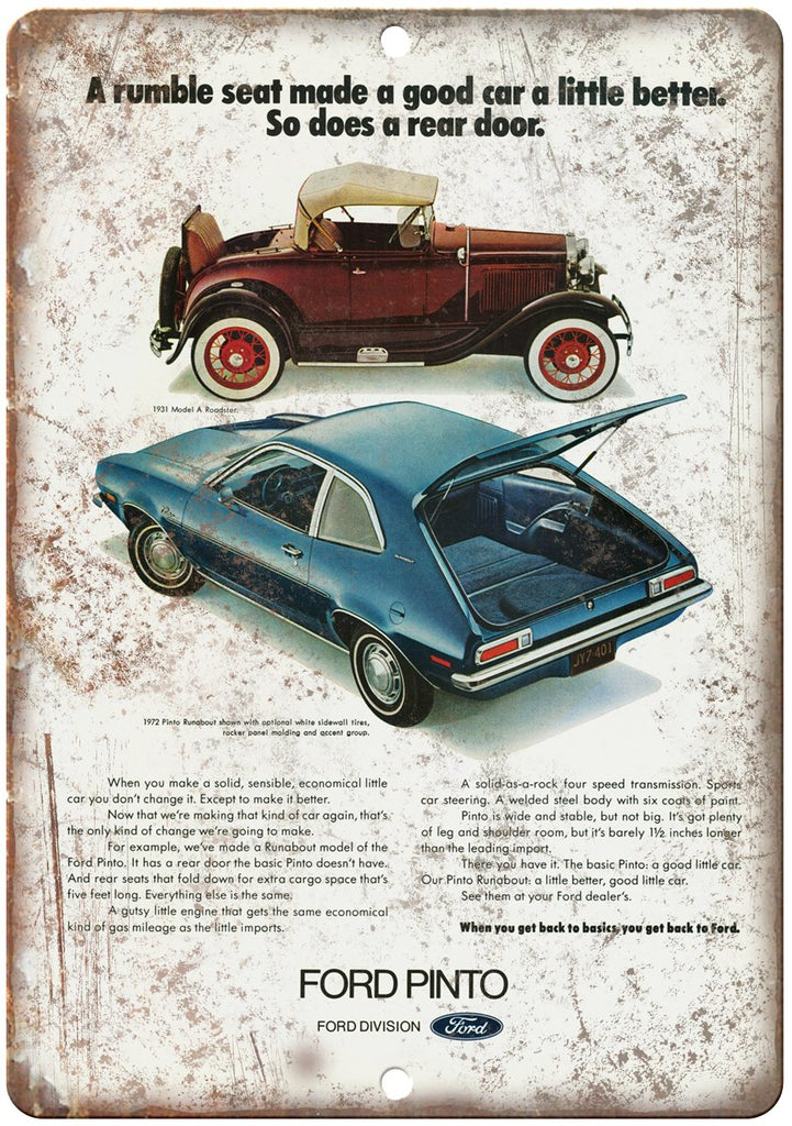 1972 Ford Pinto Vintage Automobile Ad  Metal Sign