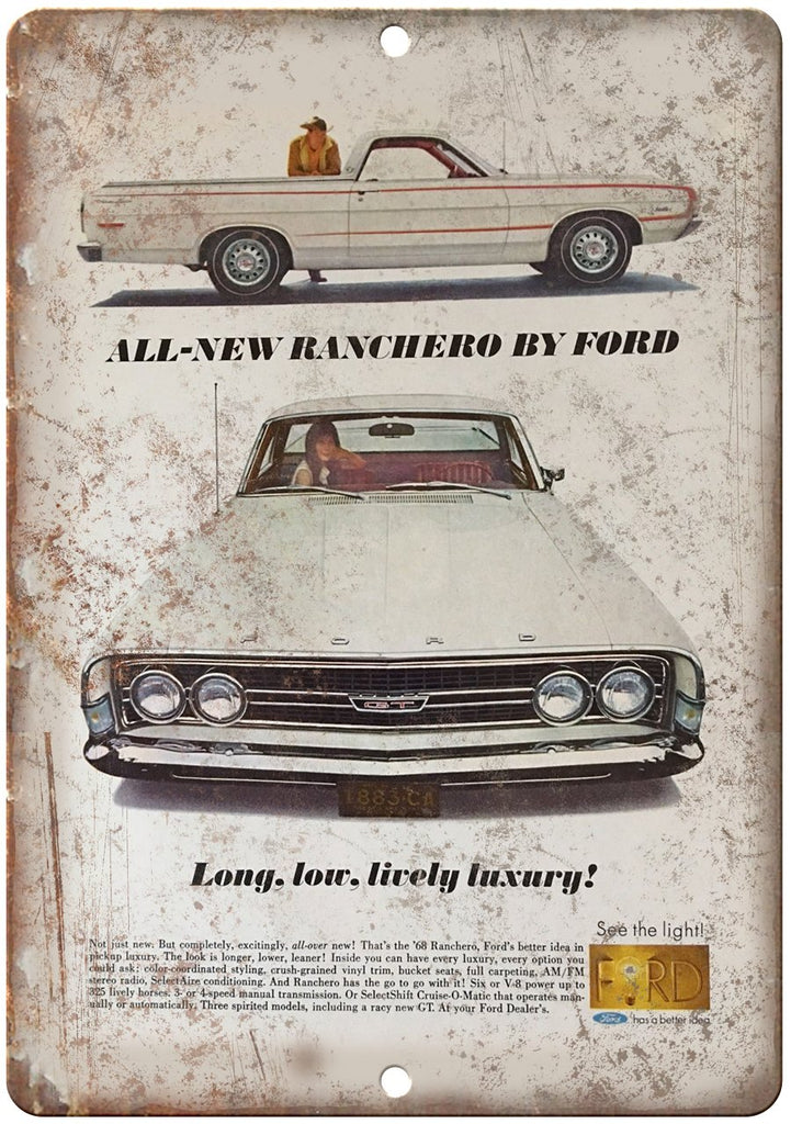 1968 Ford Ranchero Vintage Automobile Ad Metal Sign
