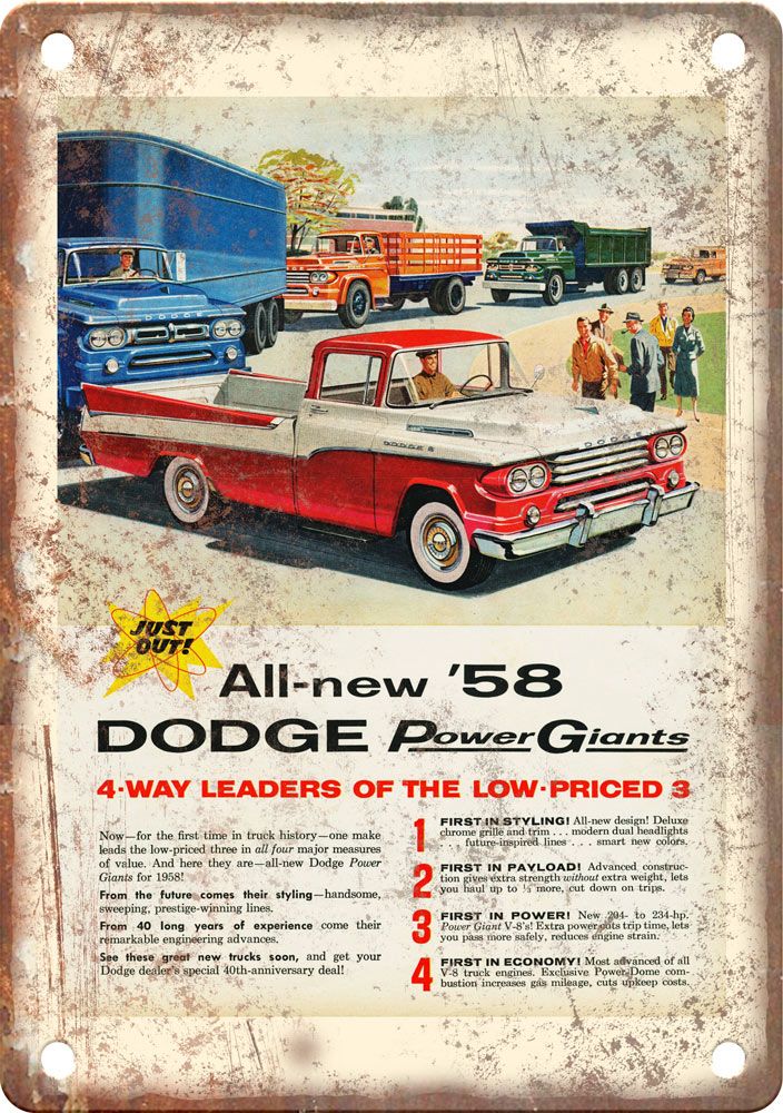 1958 Dodge Pickup Truck Vintage Automobile Ad Reproduction Metal Sign