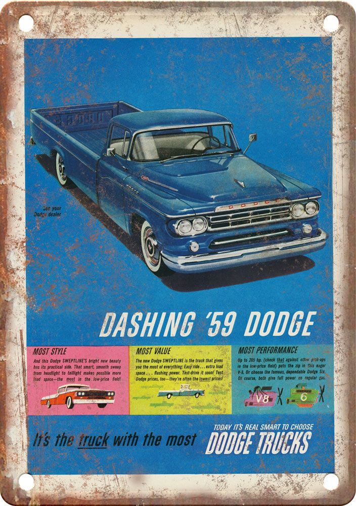 1959 Dodge Pickup Truck Dodge Vintage Automobile Ad Reproduction Metal Sign