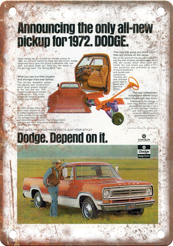 1972 Dodge Pickup Truck Vintage Automobile Ad Reproduction Metal Sign