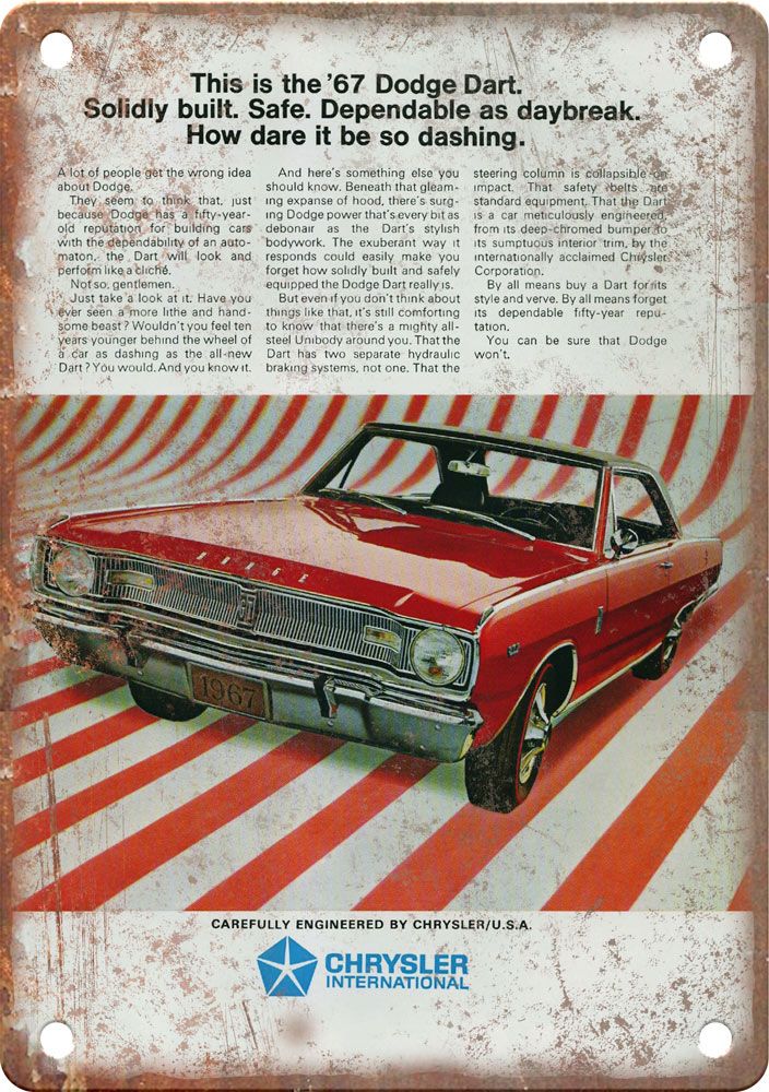 1967 Dodge Dart Vintage Automobile Ad Reproduction Metal Sign