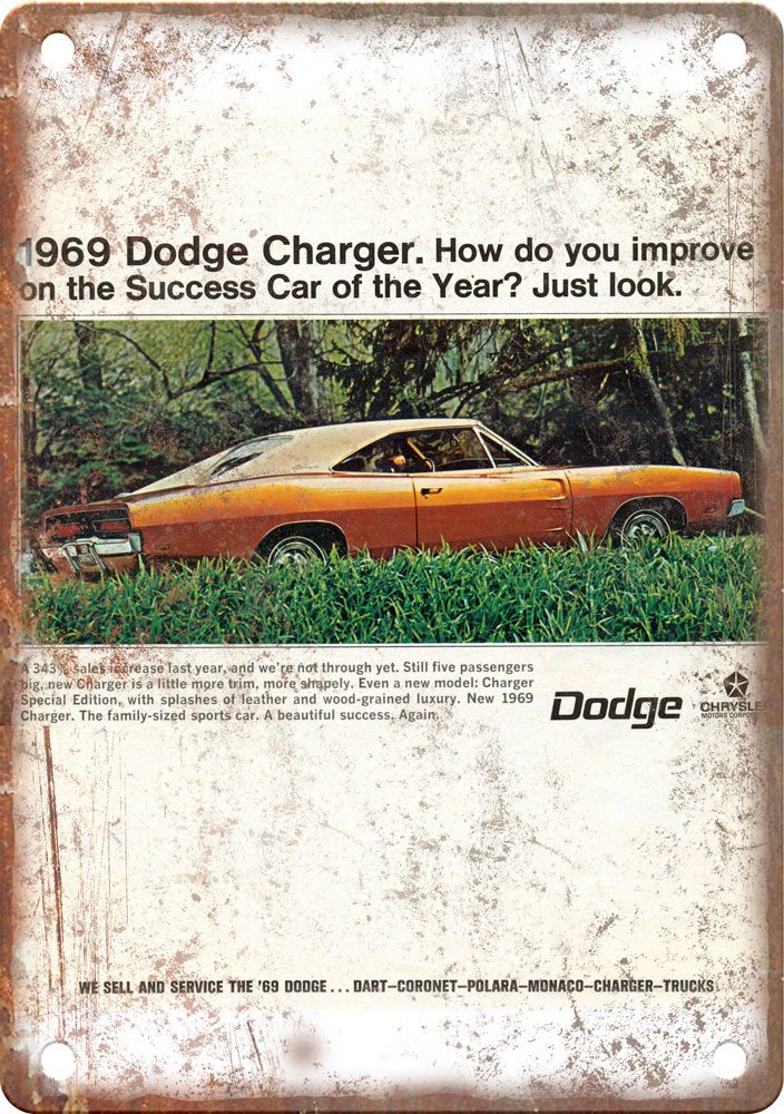 1969 Dodge Charger Vintage Automobile Ad Reproduction Metal Sign