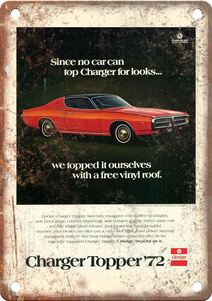 1972 Dodge Charger Vintage Automobile Ad Reproduction Metal Sign