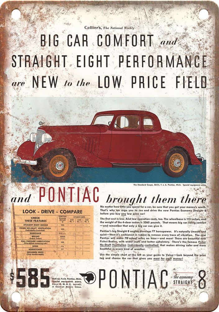 Pontiac Straight 8 Vintage Automobile Ad Reproduction Metal Sign