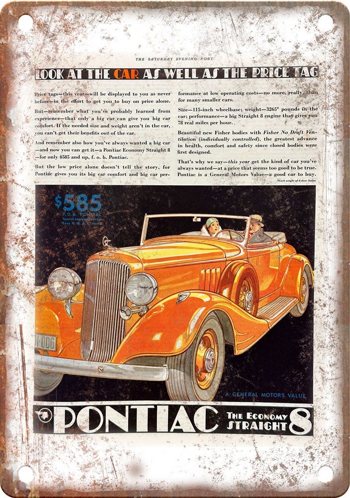 Pontiac Straight 8 Vintage Automobile Ad Reproduction Metal Sign