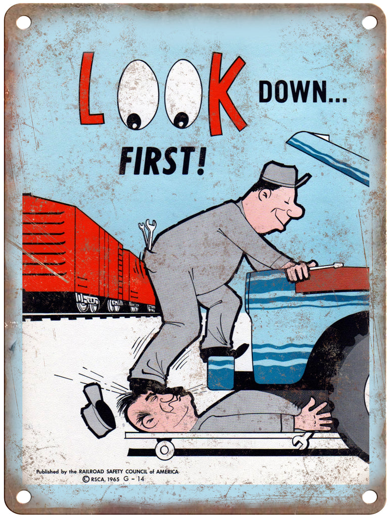 1965 Railroad Safety Council Look Down Railroad Poster 9" x 12" Reproduction Metal Print