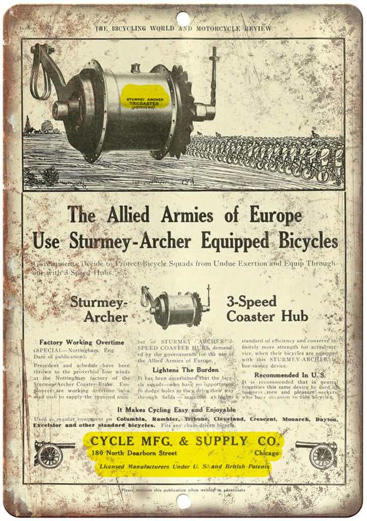 Sturmey Archer Bicycle Gear Ad Metal Sign