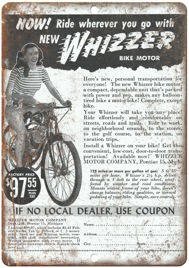 Whizzer Motor Bike Vintage Ad Metal Sign
