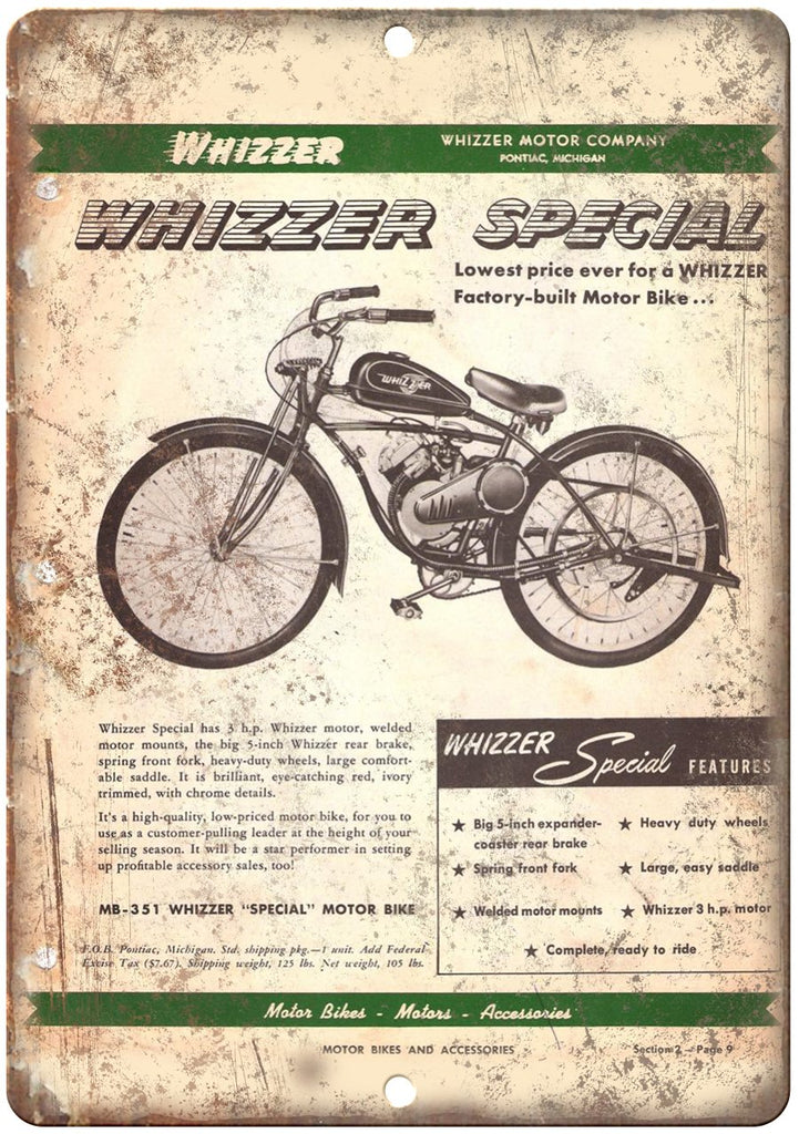 Whizzer Special Bicycle Motor Ad Metal Sign