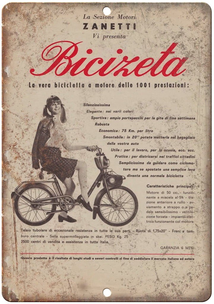Bicicletta Zanetti Italian Bike Ad Metal Sign