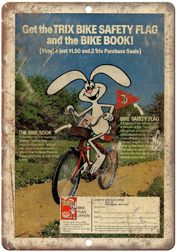 Trix Cereal Safety Flag Bicycle Book Metal Sign