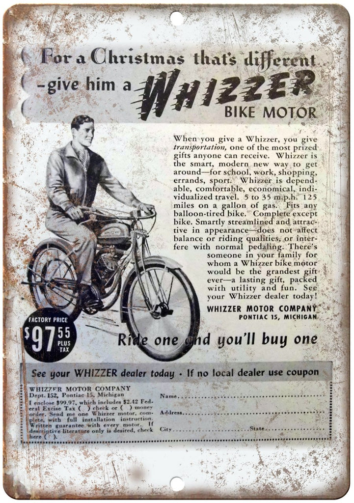 Whizzer Bike Motor Bicycle Ad Metal Sign