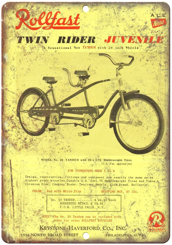 Rollfast Twin Rider Bicycle Ad Metal Sign